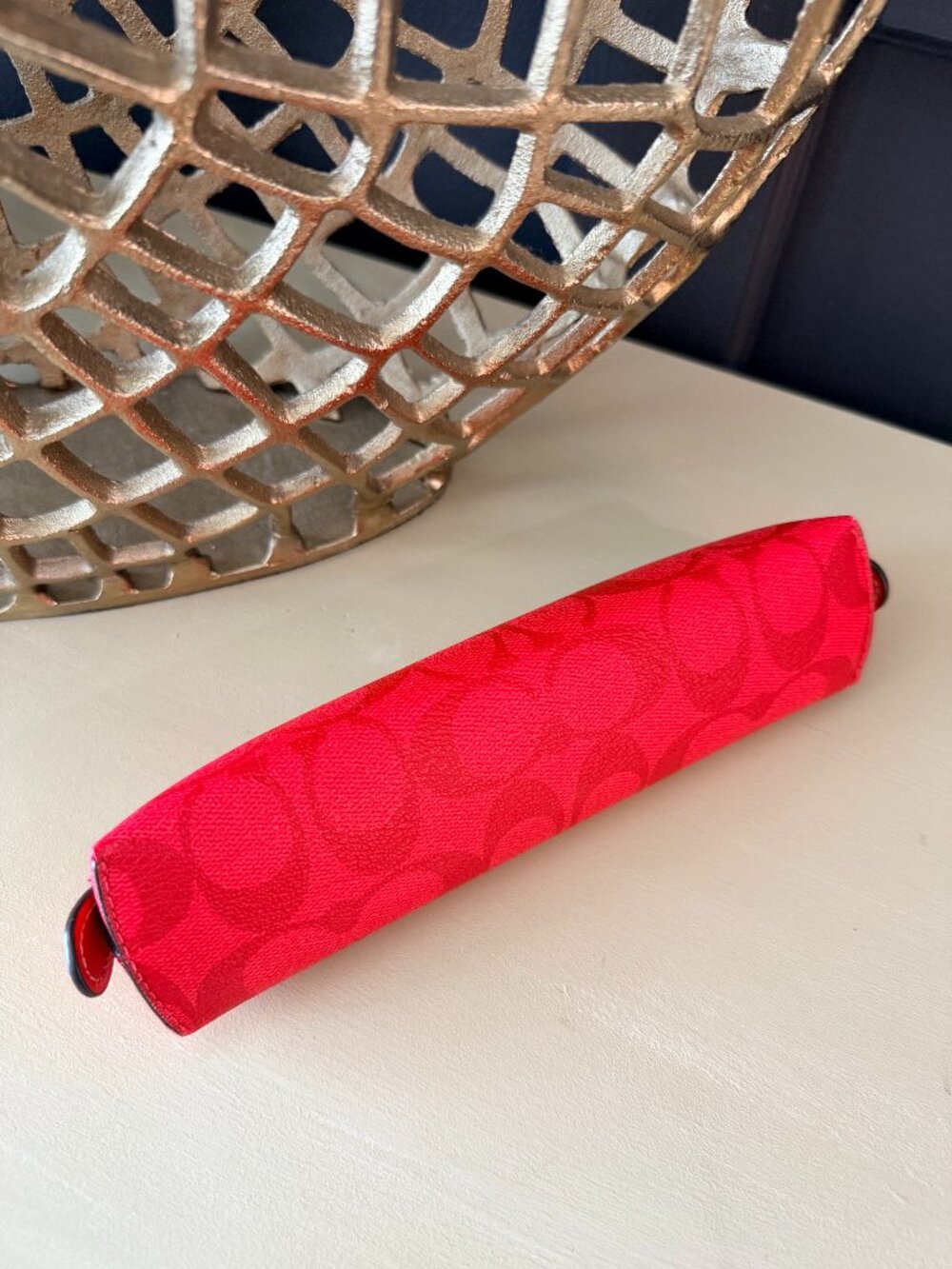 Coach Signature Canvas Pencil Case Cosmetic Pouch True Red Gold Zip
